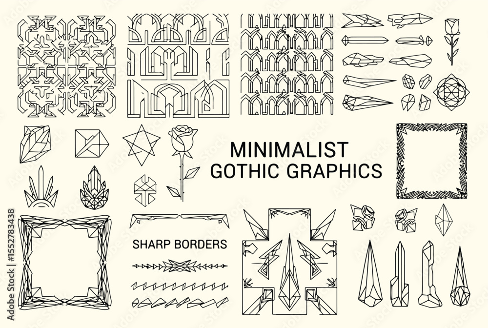 Poster minimalist gothic graphics. geometric line art. abstract set with sharp borders, crystal shapes, and