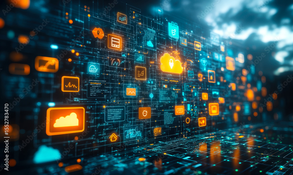 Poster abstract digital data network with glowing orange cloud computing icons and futuristic blue cyber se