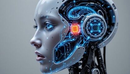 Fototapeta premium Futuristic Portrait of a Female Robot with Digital Circuitry and Glowing Elements