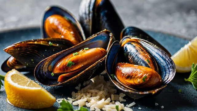 Delicious mussels with tomatoes, garlic, rise, and fresh parsley on the white plate on the table	
