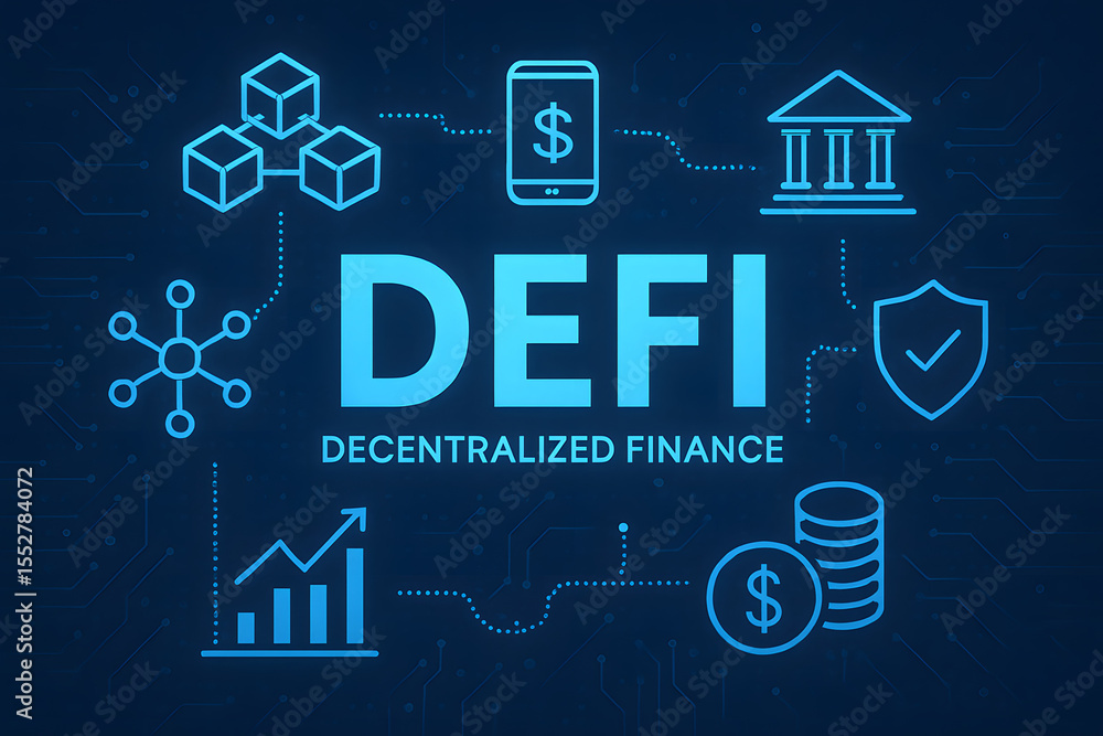 Poster digital decentralized finance: exploring the intricate landscape of decentralized finance, this imag