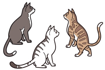 Set of cats of different breeds and colors. Illustration of cats from the back. Design, icon, logo, background, postcard. Vector illustration isolated on white background