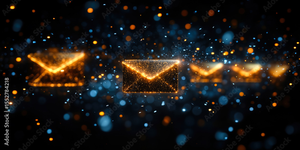 Poster glowing digital envelope icons with particle effects representing email communication technology and