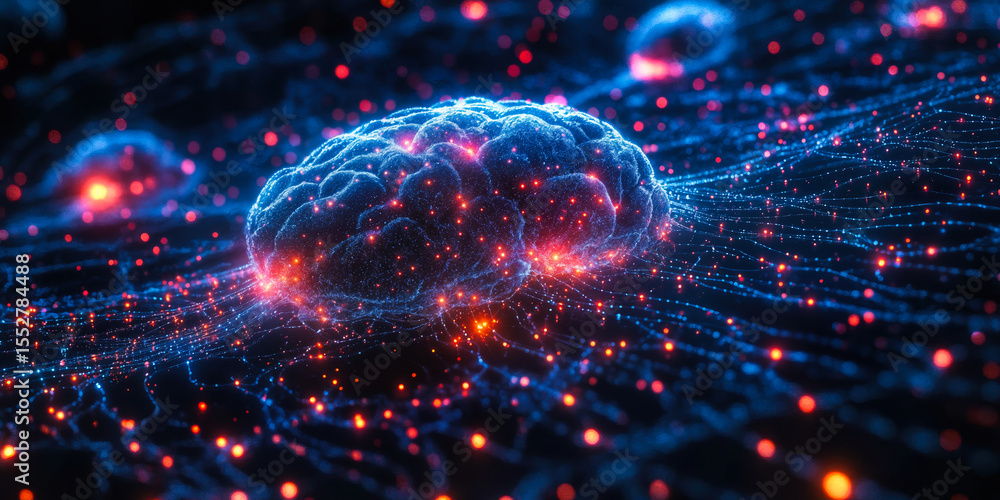 Poster digital neural network brain with glowing data connections and abstract artificial intelligence conc
