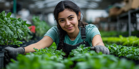 A young woman smiles while carefully tending to vibrant green plants in a greenhouse.