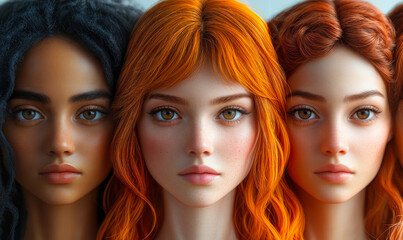 Obraz premium Close-up portrait of three diverse young women with natural and red hair, detailed faces, clear skin, looking straight at camera, beauty and diversity concept
