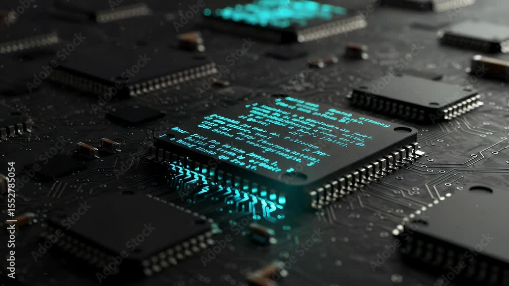 Poster close-up of circuit boards with glowing text