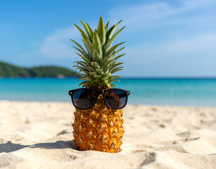 A pineapple with sunglasses on the beach sand with a background of the vast ocean.