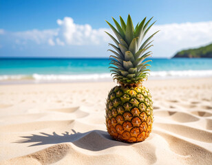 A pineapple on the beach sand with a background of the vast ocean.