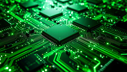 Obraz premium Digital Circuitry: A high-angle perspective of digital circuit board illuminates intricate, interconnected pathways, each glowing with vibrant neon green and dark circuits.