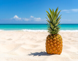 A pineapple on the beach sand with a background of the vast ocean.