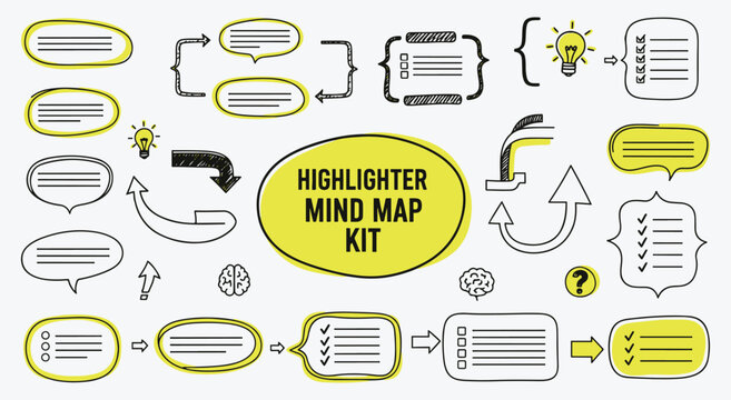 Mind Map Kit. Highlighter Doodle. Hand drawn flowchart elements with speech bubbles, arrows, and checklists. Sketch vector for presentations or brainstorming.