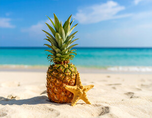 A pineapple and a starfish on the beach sand with a backdrop of the vast ocean. 