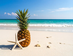 A pineapple and a starfish on the beach sand with a backdrop of the vast ocean. 
