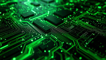 Obraz premium Glowing Circuitry: A close-up shot of a computer circuit board with neon green lights, showcasing intricate pathways, processors, and connections, symbolizing technology, innovation.