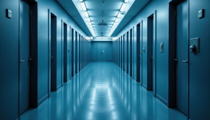 Long Blue Hallway with Multiple Doors and Modern Lighting in a Contemporary Building