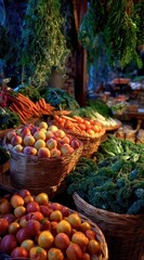 Fototapeta premium Rustic market stall overflowing with ripe peaches, oranges, carrots, and leafy greens under hanging herbs, bathed in warm, ambient light