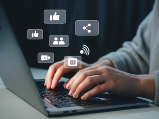 Typing hands with floating thumbs-up, chat, and wifi icons showing media engagement