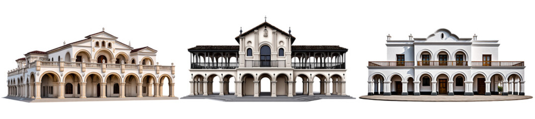 Fototapeta premium Set of a Spanish colonial building with arches, isolated on a transparent background.