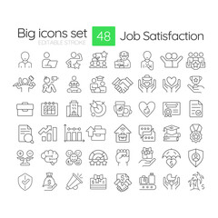 Job satisfaction line icons set. Teamwork organization, communication. Business goal, achievement. Isolated vector outline illustrations. Thin lineart iconset symbols. Editable stroke