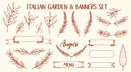 Italian Garden. Vintage Banners. Rustic hand drawn set with olive branch, lavender, cypress. Mediterranean tuscany vector for menu, label, or packaging.