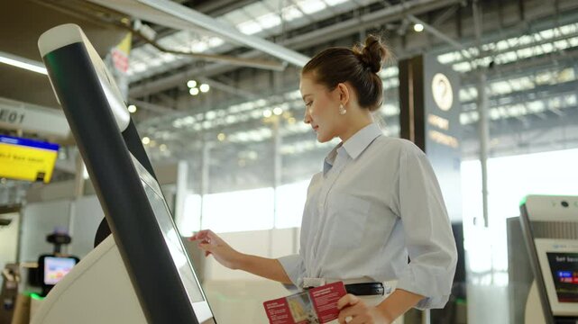 Portrait Happy Traveling Young Beautiful Asian Woman With Passport And Tickets, Check in at counter in the airport terminal, female tourist passenger feel happy and excited to go travel