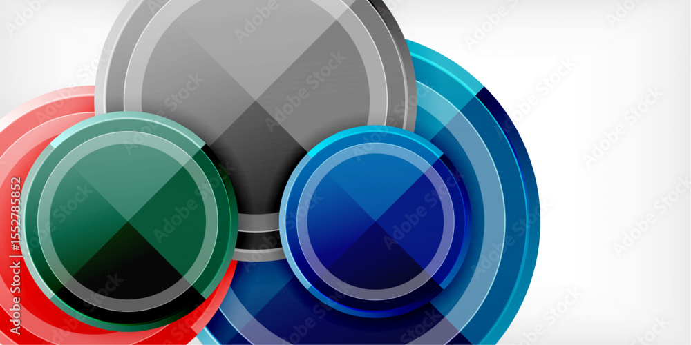 Poster Abstract circles overlap, creating vibrant color blends. Modern design features geometric shapes, gradients, black background.