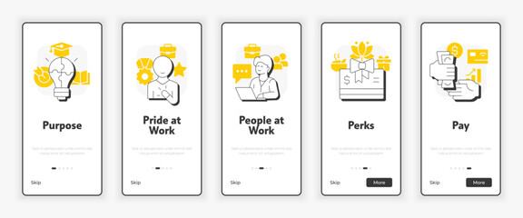 5P of employee fulfillment mobile onboarding screen. Business perks, benefits. UX UI illustration. Flat outline style icons with yellow accent. Informa Pro Bold, Montserrat Light fonts used