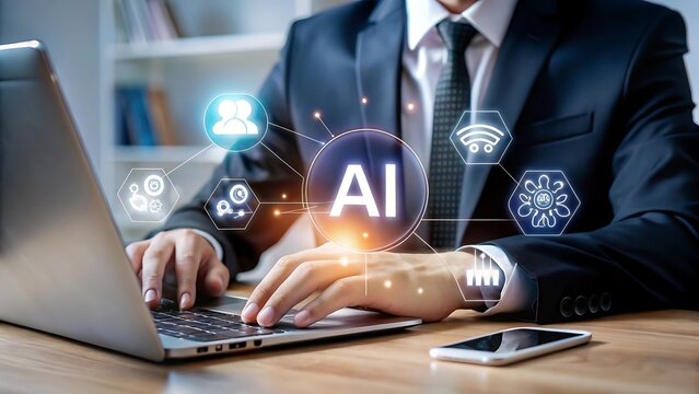 A businessman uses a laptop, and an ai interface appears with icons representing data, network, and communication