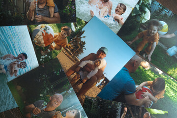Printed family photos with happy summer moments. Pictures are of father and son