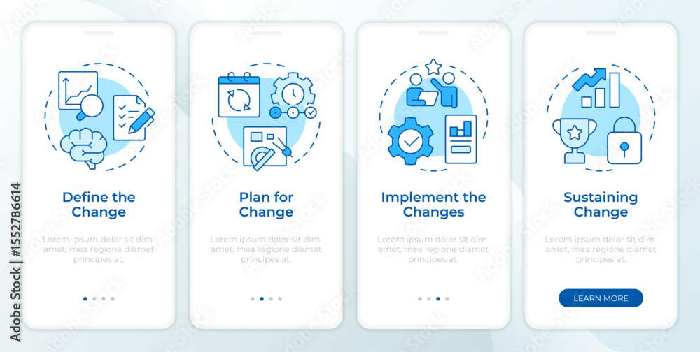 Poster stages of organizational change blue onboarding mobile app screen. walkthrough 4 steps editable grap