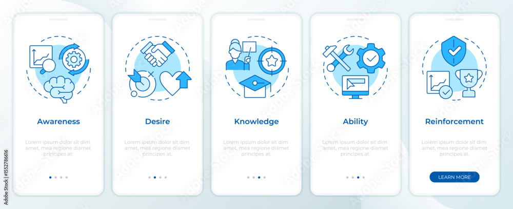 Poster adkar model blue onboarding mobile app screen. organizational change. walkthrough 5 steps editable g
