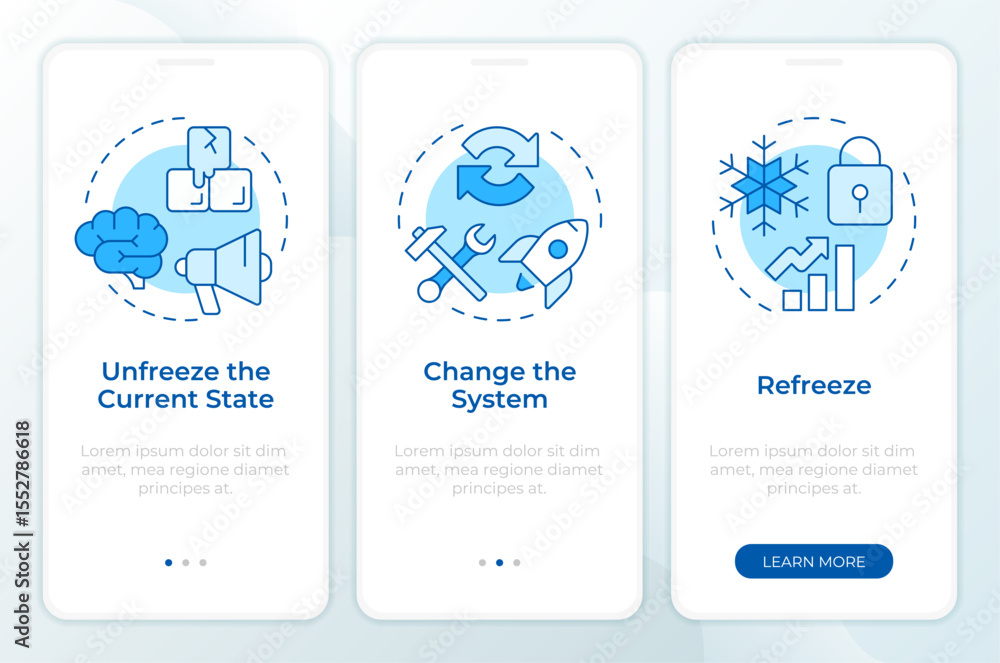 Poster lewin change management model blue onboarding mobile app screen. business. walkthrough 3 steps edita