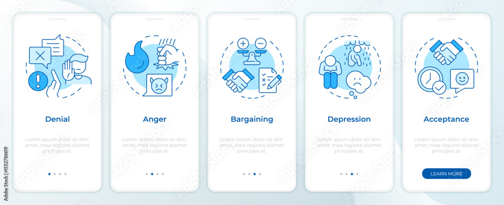 Poster five stages of grief blue onboarding mobile app screen. changes management. walkthrough 5 steps edit