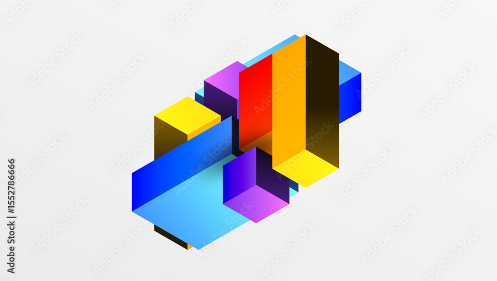 Poster abstract geometric shapes intersect, creating vibrant colorful isometric design. bright hues dominat