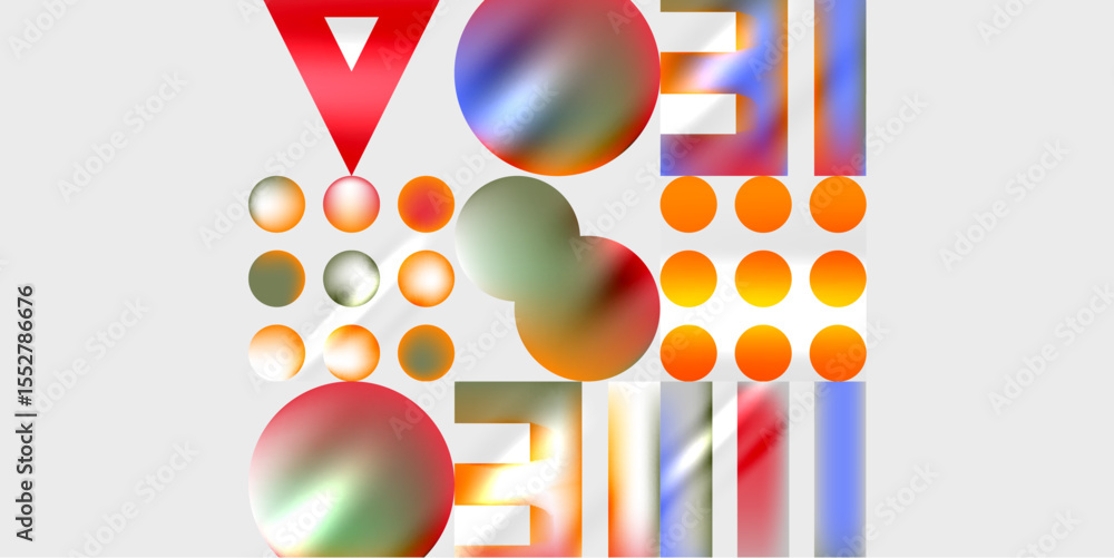 Poster abstract composition featuring geometric shapes, circles, triangle, rectangles. colors include orang