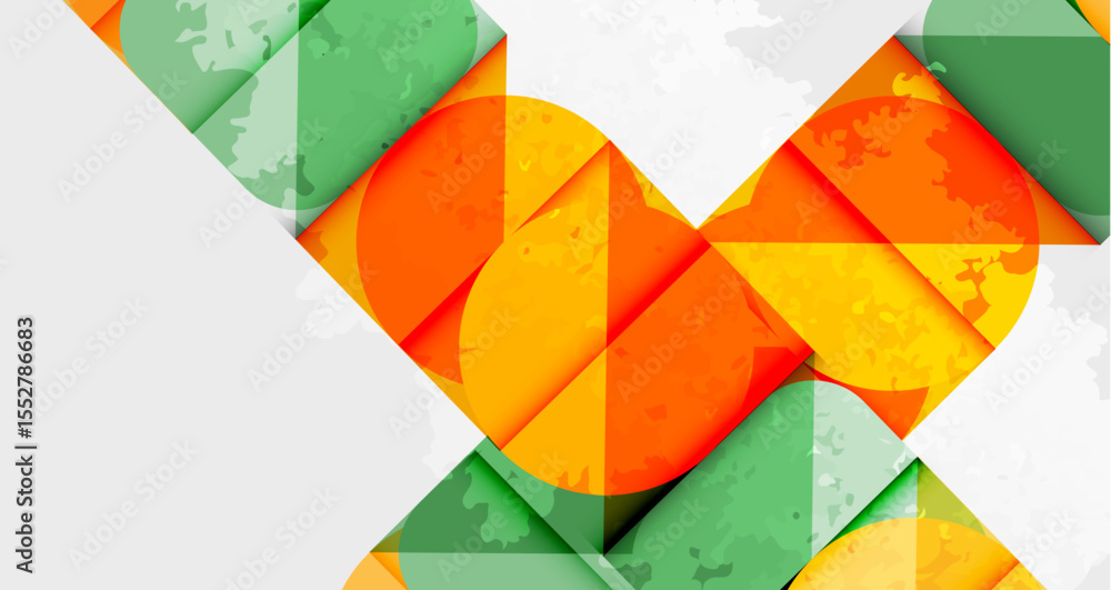 Poster Abstract geometric design. Overlapping shapes create dynamic composition. Orange, green, white colors dominate visual space. Textured surfaces add depth.