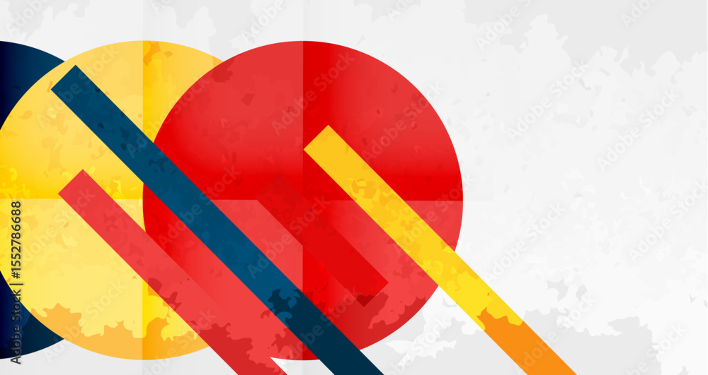 Poster abstract geometric design. circles intersect with diagonal lines. red, yellow, blue hues dominate te