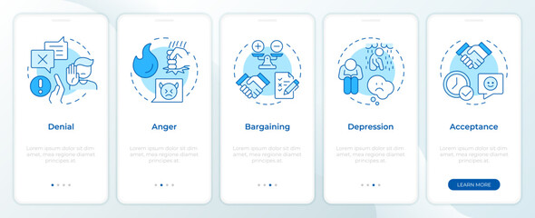 Five stages of grief blue onboarding mobile app screen. Changes management. Walkthrough 5 steps editable graphic instructions with linear concepts. UI, UX, GUI. Montserrat SemiBold, Regular fonts used