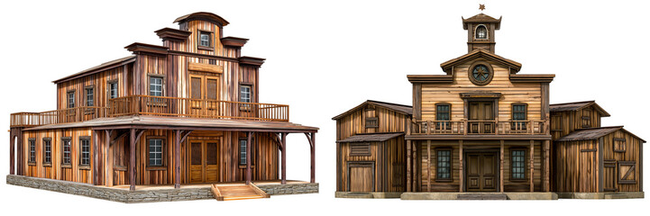 Set of an old Western saloon wooden building, isolated on a transparent background.