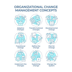 Organizational change management soft blue concept icons. Corporate transformation regulation. Business development strategy. Icon pack. Vector images. Round shape illustrations. Abstract idea