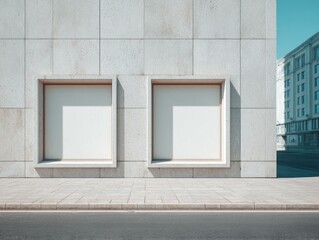 Two blank square display windows recessed into a light-grey stone building facade, situated on a city street with a blurred cityscape in the background