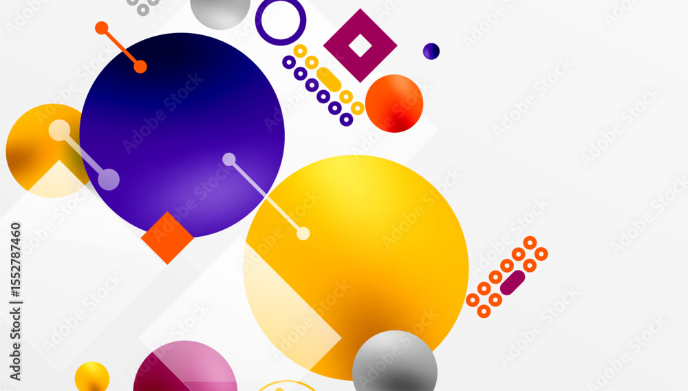 Poster abstract composition featuring vibrant circles, squares, lines. modern design with gradient colors, 