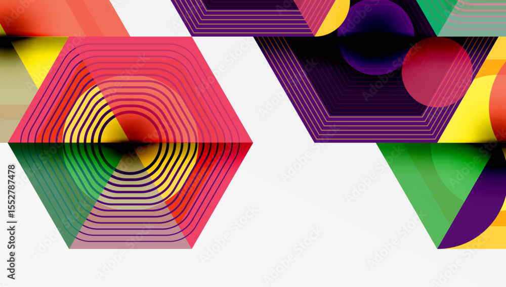 Poster Abstract geometric composition. Concentric hexagons, vibrant colors, layered shapes create dynamic visual effect. Modern design.