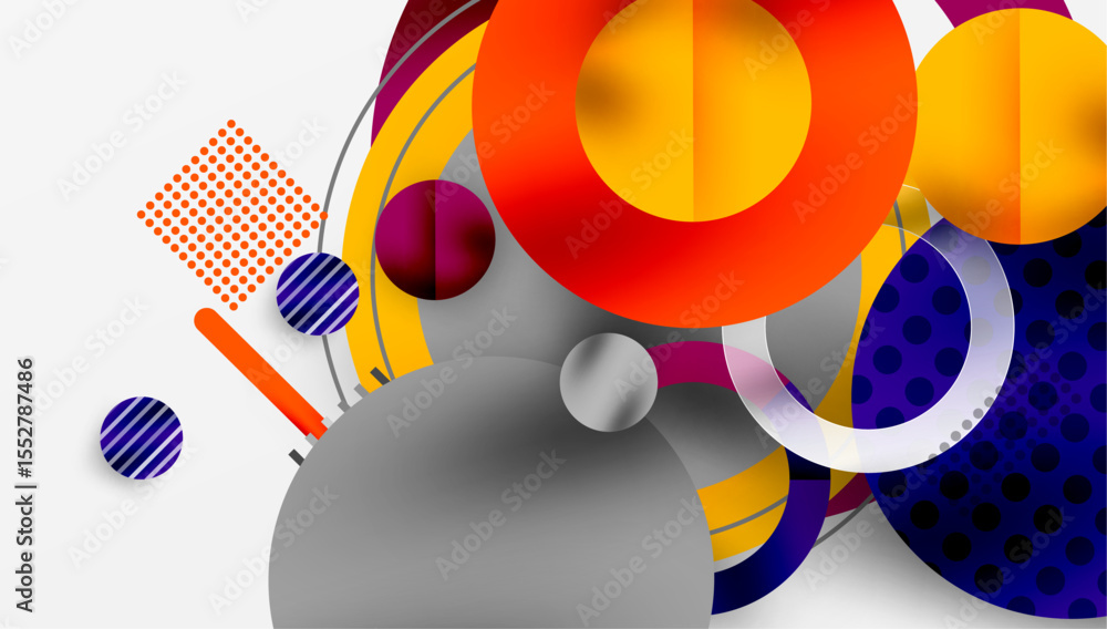 Poster Abstract composition featuring overlapping circles, squares, lines. Vibrant colors create dynamic visual experience. Modern design elements present.