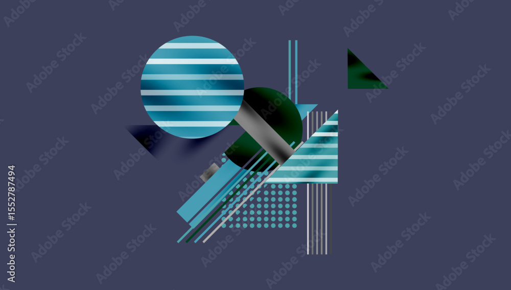 Poster abstract geometric composition. blue shapes overlap purple background. lines, circles, triangles cre