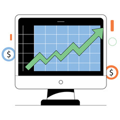 Flat Design Stock Market Monitor With Line Graph and Green Upward Trend in PNG on a Transparent Background, Featuring a Clean Interface With No Text for Financial or Business Use