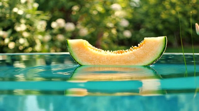 A refreshing slice of melon floating in a serene pool surrounded by lush greenery