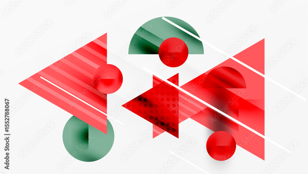 Poster Abstract geometric composition. Red, green shapes overlap, creating dynamic visual effect. Lines intersect, adding depth.