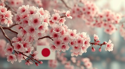 Cherry blossom news set with a Japanese flag, pink floral decor, and a dreamy white haze background